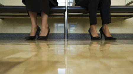 Close-up of business people's legs, neatly dressed, waiting anxiously for a job interview in a sleek, modern office lobby.の素材