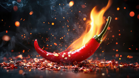 Close-up of a flaming hot red chilli pepper, with fire dancing around the peppersurface, symbolizing extreme spiciness and bold flavorsの素材