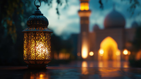 An intricately designed lantern glowing softly with a mosque in the distance, capturing the essence of Eid celebrationsの素材