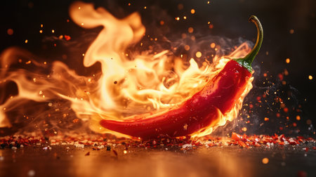 Close-up of a flaming hot red chilli pepper, with fire dancing around the peppersurface, symbolizing extreme spiciness and bold flavorsの素材
