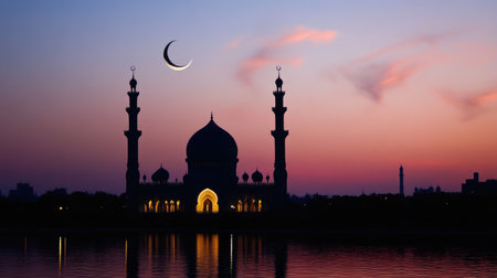 A stunning silhouette of an Islamic mosque with a crescent moon above, set against a twilight sky, symbolizing faith.の素材
