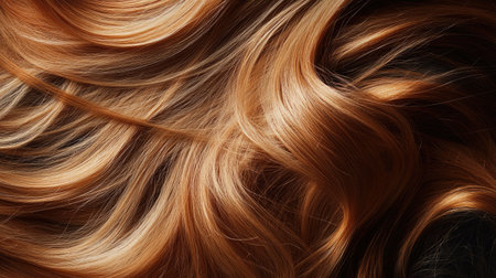 Close-up of beautifully styled wavy hair, the strands reflecting light, showing off a voluminous and healthy texture.の素材