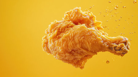 Close-up of a piece of crispy fried chicken in motion, suspended against a vibrant single-color background, capturing its golden-brown textureの素材