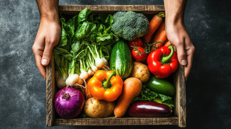 Hands holding a rustic wooden box brimming with fresh vegetables, symbolizing a healthy and organic produce deliveryの素材