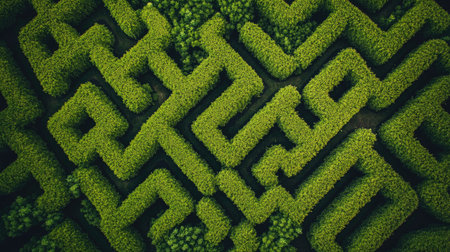 Overhead aerial view of a complex maze intricately crafted from a lush green hedge, challenging and inviting.の素材