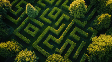Overhead drone view of a well-manicured hedge maze, showcasing the elaborate design and lush greenery.の素材