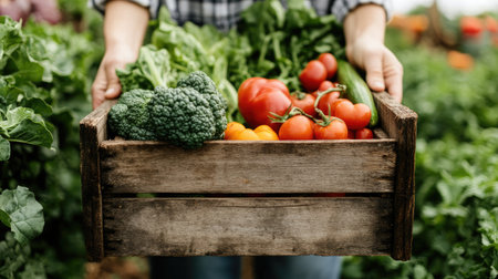 Hands holding a wooden box overflowing with farm-fresh vegetables, highlighting the bounty of a produce delivery service.の素材