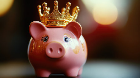 A crowned piggy bank, its gold crown gleaming, symbolizing the importance of saving and the value of moneyの素材