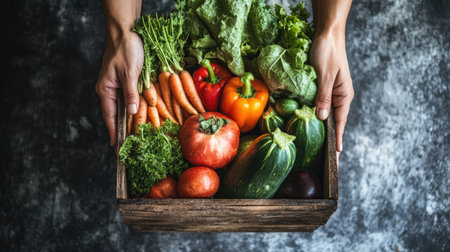 Hands holding a rustic wooden box brimming with fresh vegetables, symbolizing a healthy and organic produce deliveryの素材
