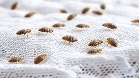 Infestation of bed bugs on a white mattress, showing the small, dark insects against the light fabric, illustrating the challenges of eradicationの素材