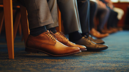 Professional footwear close-up, as candidates wait for a job interview, capturing the tense atmosphere.の素材