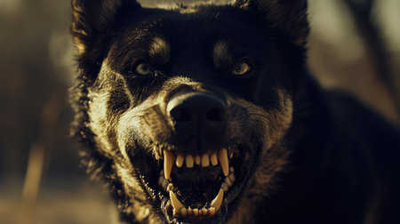 A close-up of a fierce dog roaring at the camera, with its sharp teeth exposed, creating a sense of danger.の素材