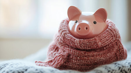 A cute piggy bank wrapped in a scarf, highlighting the need for savings during the cold winter months to cover heating expenses.の素材