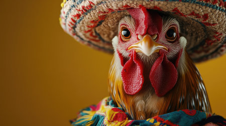A fun studio image of a chicken cockerel wearing a sombrero and festive Mexican clothing, bursting with charm.の素材