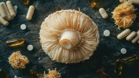 Overhead flat lay of a Lion's Mane mushroom, surrounded by vitamin supplement tablets, highlighting the combination of natural and health-boosting elementsの素材