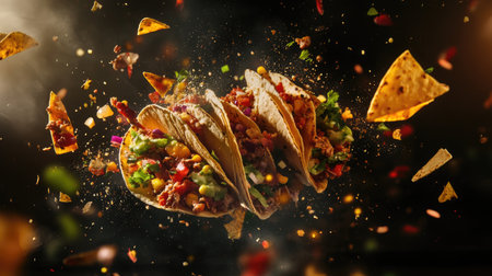 A dynamic shot of Mexican tacos bursting with fresh ingredients, flying through the air, creating a vibrant explosion of flavor.の素材