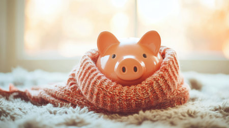 A cute piggy bank wrapped in a scarf, highlighting the need for savings during the cold winter months to cover heating expenses.の素材