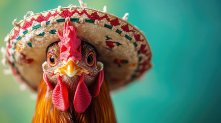 A charming studio shot of a chicken cockerel dressed up in a sombrero and Mexican clothes, exuding festive vibes.の素材