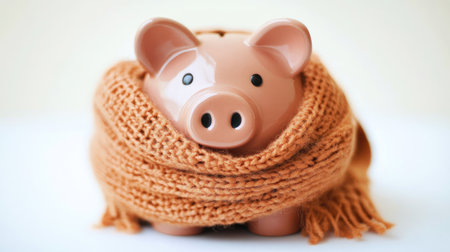 A piggy bank wrapped in a scarf, representing the importance of financial planning for high winter heating costs.の素材