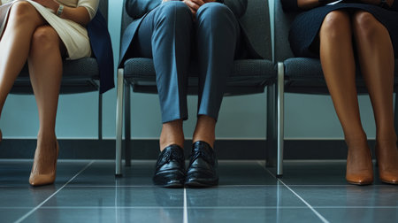 Legs of business people in formal attire, crossed or tapping nervously, seated in a job interview waiting room.の素材