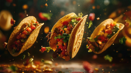A dynamic shot of Mexican tacos bursting with fresh ingredients, flying through the air, creating a vibrant explosion of flavor.の素材
