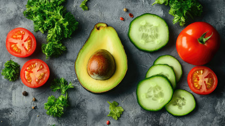 A healthy salad of avocado, tomato, and cucumber, presented in a flat lay arrangement against a grey background, emphasizing freshness.の素材