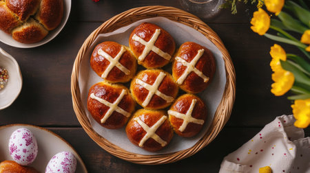 A classic Easter scene with hot cross buns viewed from above, capturing the essence of this beloved holiday snack.の素材
