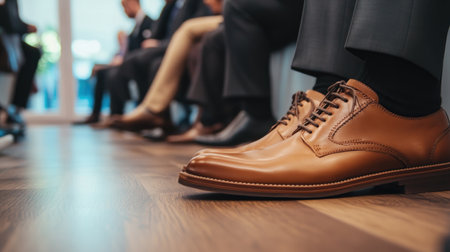 Professional footwear close-up, as candidates wait for a job interview, capturing the tense atmosphere.の素材