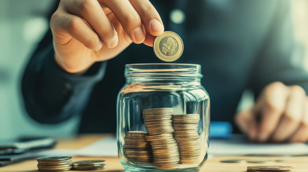 A businessman hand placing coins into a glass jar, representing the concept of saving money and financial growth in a clear and focused image.の素材