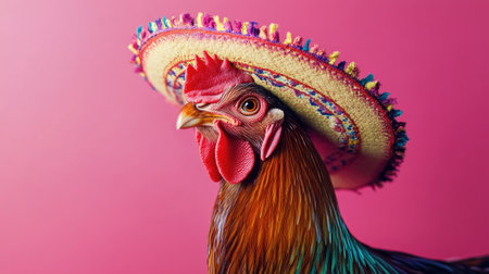 A charming studio shot of a chicken cockerel dressed up in a sombrero and Mexican clothes, exuding festive vibes.の素材