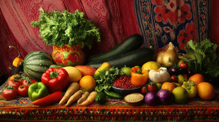 A beautifully composed still life of assorted fruits and vegetables on a table, with a traditional Mexican background, capturing the essence of cultural richness.の素材