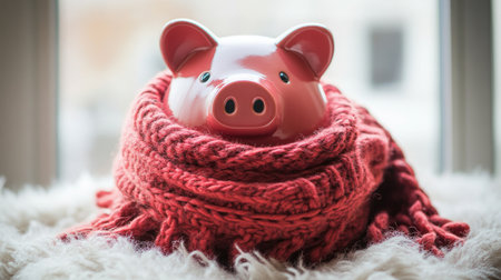 A piggy bank wrapped in a scarf, representing the importance of financial planning for high winter heating costs.の素材