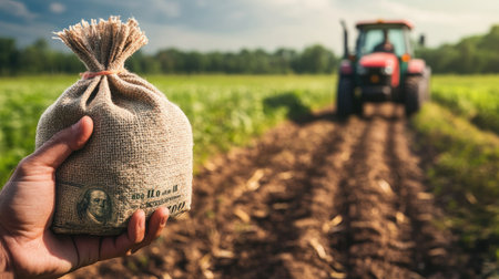 A hand holding a dollar money bag with a farm field and a farmer on a tractor in the background, symbolizing investments in agriculture.の素材
