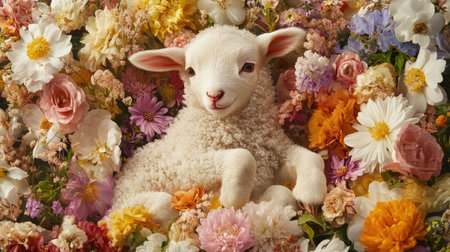 A charming spring scene of a baby lamb surrounded by a sea of flowers, symbolizing new life and the arrival of spring.の素材