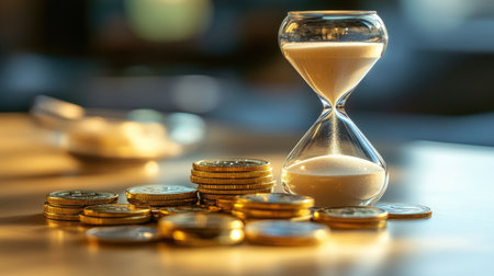 A close-up of sand clocks alongside coins on a table, representing the idea that time is a valuable financial resource.の素材