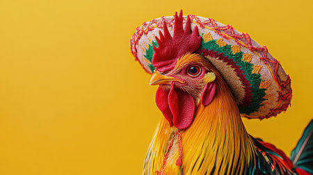 A playful image of a chicken cockerel wearing a sombrero and Mexican attire, captured in a vibrant studio setting.の素材