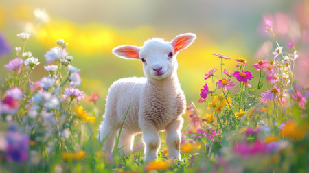 A heartwarming image of a cute baby lamb standing in a field of vibrant spring flowers, capturing the essence of springtime innocence.の素材
