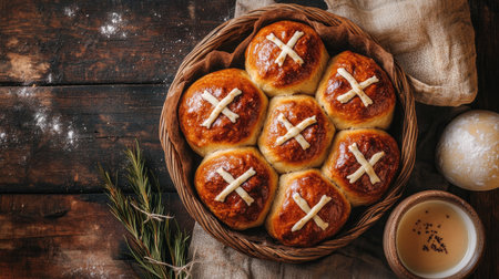A delicious overhead view of traditional Easter hot cross buns, beautifully presented on a rustic table, inviting you to indulge.の素材