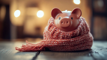 A piggy bank wrapped in a scarf, representing the importance of financial planning for high winter heating costs.の素材