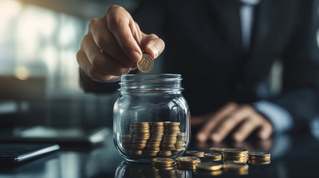 A businessman hand placing coins into a glass jar, representing the concept of saving money and financial growth in a clear and focused image.の素材