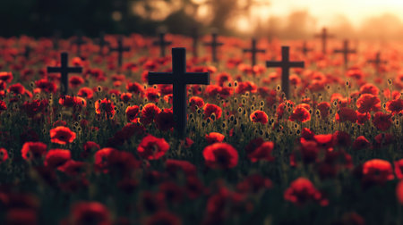 A moving image of crosses marking soldiers' graves in a sea of poppies, evoking the memory of those lost in war.の素材