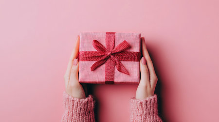 Top view of a gift box in a womanhands, placed on a solid color background, symbolizing generosity and celebrationの素材