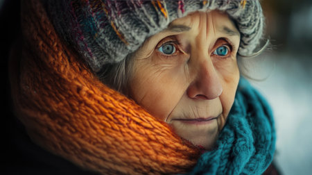 A senior person, cozy in a scarf and hat, reflecting on the cold and the impact of rising gas bills during winter.の素材