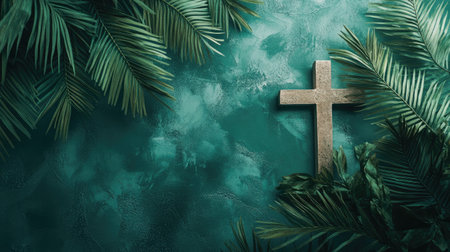 A serene Easter scene from above, featuring a cross and palm leaves, evoking the spiritual significance of Palm Sundayの素材