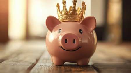 A whimsical image of a piggy bank wearing a gold crown, representing the idea of wealth and financial sovereignty.の素材