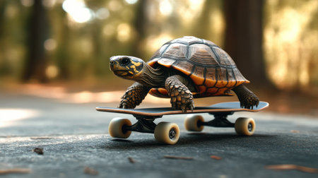 A tortoise rides a skateboard, capturing the essence of strategic planning and consistent performance with a light-hearted touchの素材