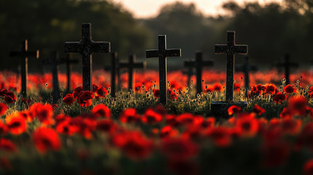 A solemn view of soldiers' graves marked with crosses, standing in a field of poppies, symbolizing Remembrance Day.の素材