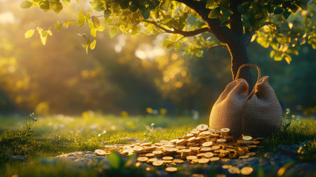 A serene park scene with a money bag, gold coins, and a tree, all glowing in morning light, representing savings and investmentsの素材