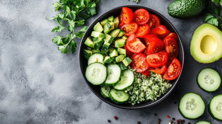 A vibrant healthy salad bowl with fresh avocado, tomato, and cucumber, arranged in a flat lay style on a grey background.の素材