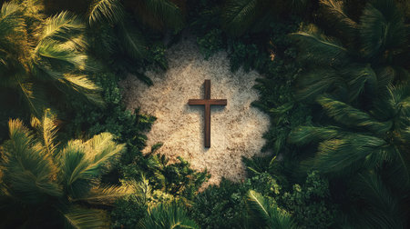 A serene Easter scene from above, featuring a cross and palm leaves, evoking the spiritual significance of Palm Sundayの素材